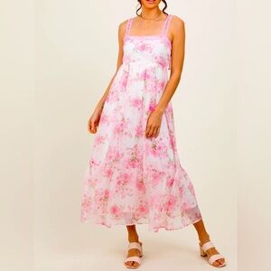By the River Pink Floral Dress Size L - Crochet Straps & Tiered Skirt